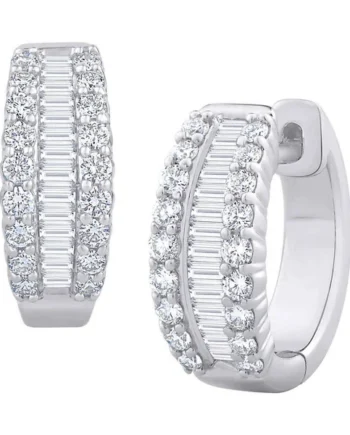 0.60ctw Baguette & Round Brilliant Cut Diamond Hoop Earrings, 14ct White Gold