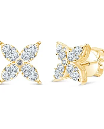 0.90ctw Round Brilliant Cut Diamond Flower Stud Earrings, 14ct Yellow Gold