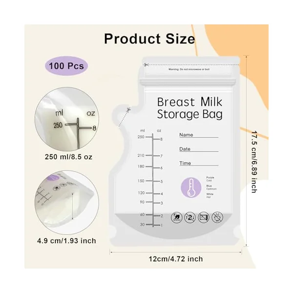 100 Breast Milk Storage Bag 250ml BPA-Free Milk Storage Bags Breastfeeding | 8oz Breastmilk Storage Bag Temp-Sensing Milk Bags Breastfeeding with Pour Spout No-Leak Freezer Presterilized for Breast Milk