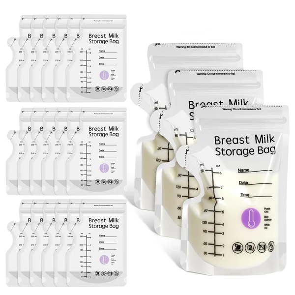 100 Breast Milk Storage Bag 250ml BPA-Free Milk Storage Bags Breastfeeding | 8oz Breastmilk Storage Bag Temp-Sensing Milk Bags Breastfeeding with Pour Spout No-Leak Freezer Presterilized for Breast Milk