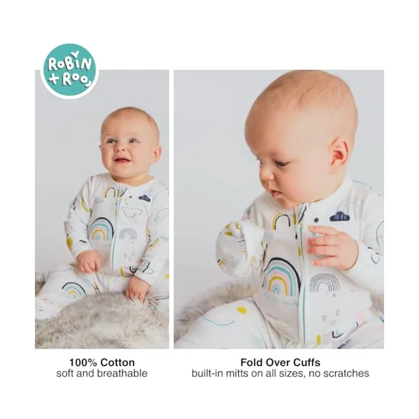 100% Cotton, Two-Way Zipper Baby Sleepsuit for Boys and Girls, Footless with Fold Over Cuffs on Hands and Feet