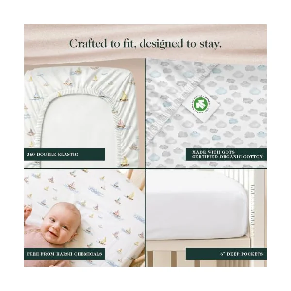 100% Organic Cotton Cot Bed Sheets, 70 x 140 cm, Watercolors, 3-Pack | GOTS Certified, Soft Fitted Sheets for Mini Mattress & Pack n Play, 6" Deep Pocket with Secure Elastic Fit, boys & girls