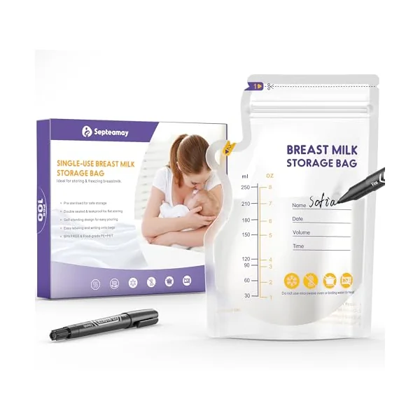 100 Pcs Breast Milk Storage Bag 250ml with a Black Marker | No Leak Milk Storage Bags, Store Flat or Stand, Pre-sterilised, BPA Free Breastmilk Storage Bag with Pour Spout for Freezer