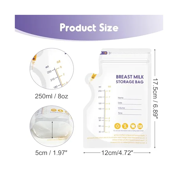 100 Pcs Breast Milk Storage Bag 250ml with a Black Marker | No Leak Milk Storage Bags, Store Flat or Stand, Pre-sterilised, BPA Free Breastmilk Storage Bag with Pour Spout for Freezer