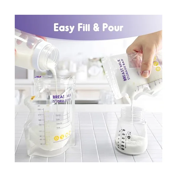 100 Pcs Breast Milk Storage Bag 250ml with a Black Marker | No Leak Milk Storage Bags, Store Flat or Stand, Pre-sterilised, BPA Free Breastmilk Storage Bag with Pour Spout for Freezer