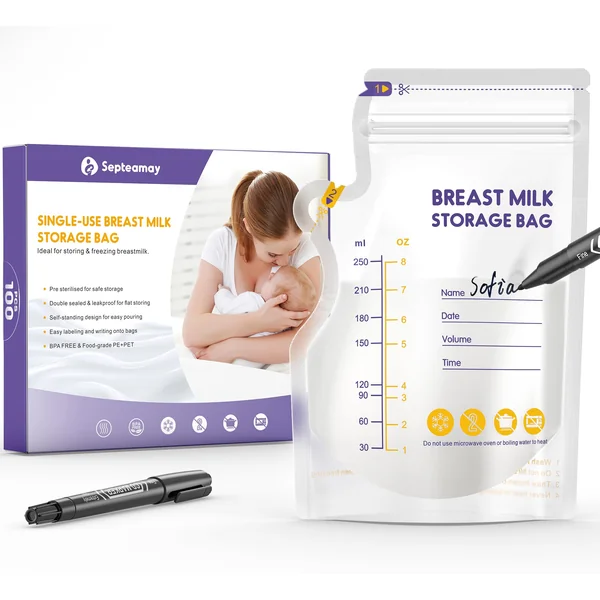 100 Pcs Breast Milk Storage Bag 250ml with a Black Marker | No Leak Milk Storage Bags, Store Flat or Stand, Pre-sterilised, BPA Free Breastmilk Storage Bag with Pour Spout for Freezer