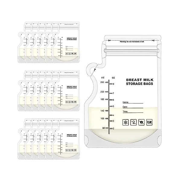 100 Pcs Breast Milk Storage Bags, 250ml Disposable Milk Storage Bags | Double Zip Seal, Leakproof, Easy-Pour Spout, Self-Standing Base, Freezer Safe, with Measurement Scale and Label Area