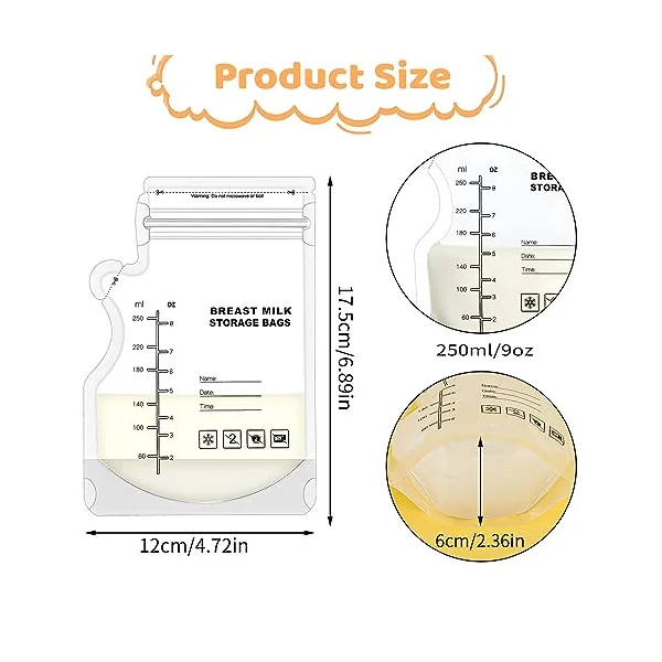 100 Pcs Breast Milk Storage Bags, 250ml Disposable Milk Storage Bags | Double Zip Seal, Leakproof, Easy-Pour Spout, Self-Standing Base, Freezer Safe, with Measurement Scale and Label Area