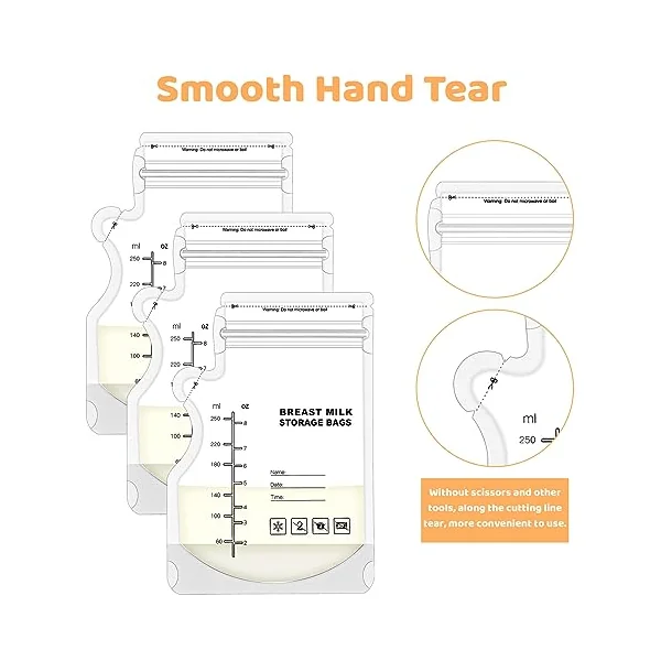 100 Pcs Breast Milk Storage Bags, 250ml Disposable Milk Storage Bags | Double Zip Seal, Leakproof, Easy-Pour Spout, Self-Standing Base, Freezer Safe, with Measurement Scale and Label Area