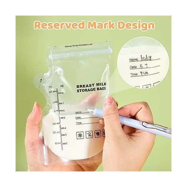 100 Pcs Breast Milk Storage Bags, 250ml Disposable Milk Storage Bags | Double Zip Seal, Leakproof, Easy-Pour Spout, Self-Standing Base, Freezer Safe, with Measurement Scale and Label Area