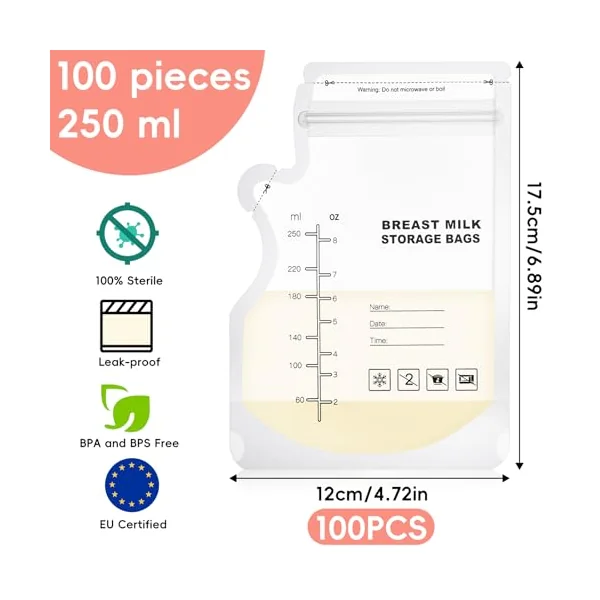100 Pcs Breast Milk Storage Bags, 250ml Milk Storage Bags for Breastfeeding | BPA & BPS Free Breastmilk Storage Bag Sterile Breast Milk Freezer Bags Pre-sterilised Breast Milk Pouches & Containers