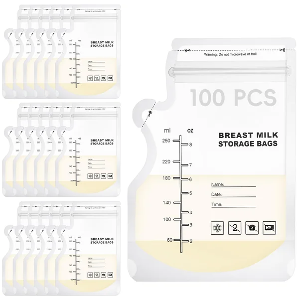 100 Pcs Breast Milk Storage Bags, 250ml Milk Storage Bags for Breastfeeding | BPA & BPS Free Breastmilk Storage Bag Sterile Breast Milk Freezer Bags Pre-sterilised Breast Milk Pouches & Containers