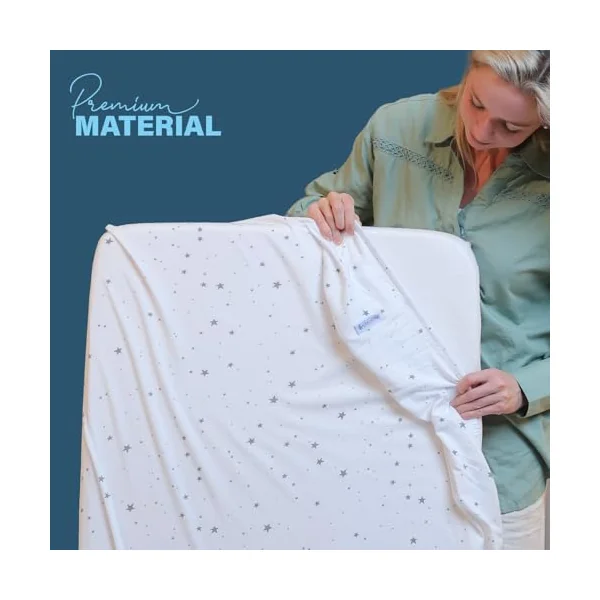 100% Pure Jersey Cotton Cot Bed Sheets 140 x 70 Fitted, 3 Pack, 1 Waterproof Protector Pad - 2 Baby Cot Sheets for toddlers Bedside Cribs, Star Print - (Gray/White)