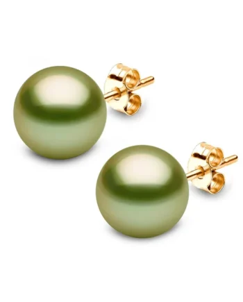 10-11mm Treated Tahitian Pistachio Green Pearl Stud Earrings, 18ct Yellow Gold