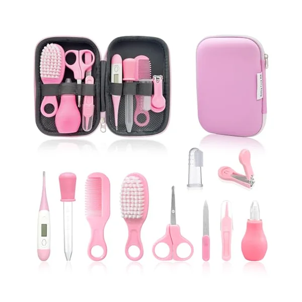 10 Pcs 10-in-1 Baby Healthcare and Grooming Kit, Baby Grooming Kit Newborn, Baby Essentials for Newborn, Portable Baby Safety Care Set (Pink)