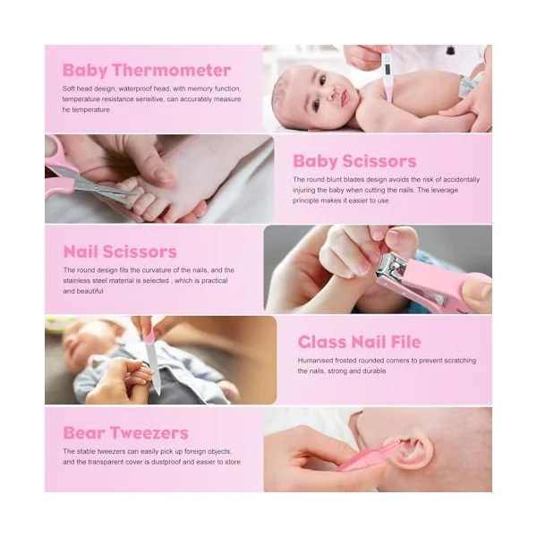 10 Pcs 10-in-1 Baby Healthcare and Grooming Kit, Baby Grooming Kit Newborn, Baby Essentials for Newborn, Portable Baby Safety Care Set (Pink)
