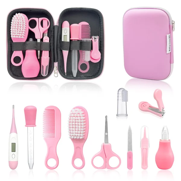 10 Pcs 10-in-1 Baby Healthcare and Grooming Kit, Baby Grooming Kit Newborn, Baby Essentials for Newborn, Portable Baby Safety Care Set (Pink)