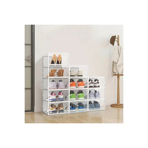 12 Pack White Stackable Clear Plastic Shoe Storage Boxes with Ventilation Holes