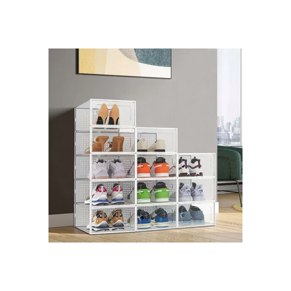 12 Pack White Stackable Clear Plastic Shoe Storage Boxes with Ventilation Holes