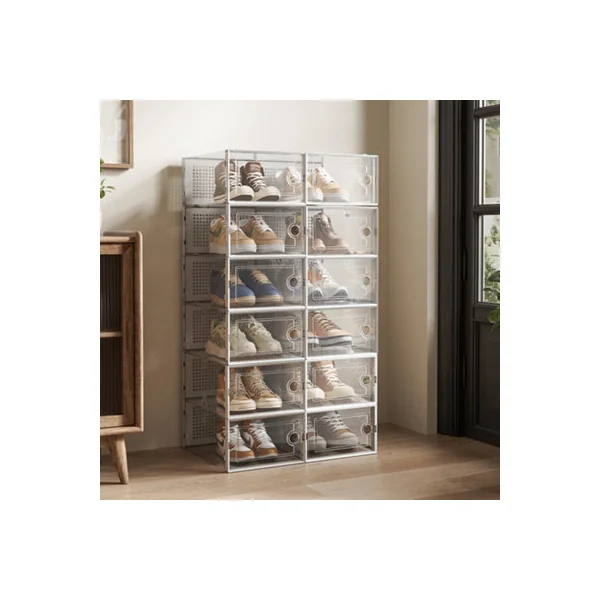 12 Pack White Stackable Clear Plastic Shoe Storage Boxes with Ventilation Holes