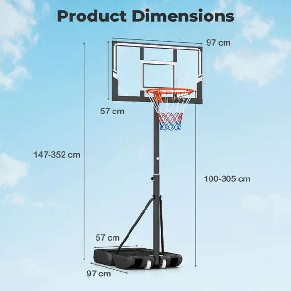 1-3.05m Portable Basketball Hoop Outdoor with Shatterproof Backboard