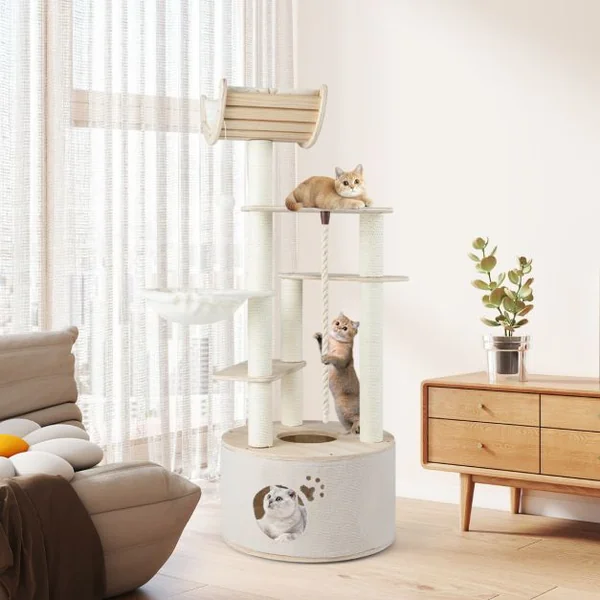 141cm Tall Wooden Cat Tree for Indoor Cats Solid Plywood Multi-Level Kitten Tower