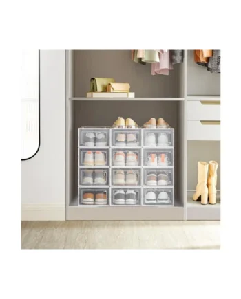 15 Shoe Organization Boxes Set, Stackable Footwear Storage, Collapsible Sneaker Containers, Transparent and White