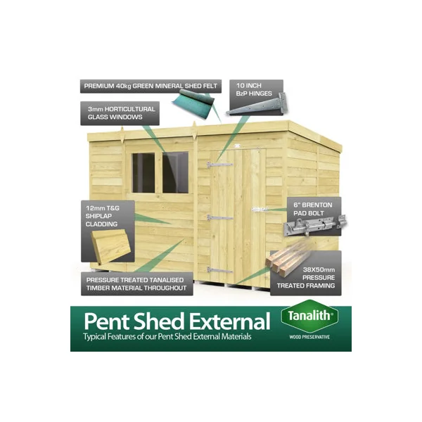15 x 8 Feet Pent Shed - Single Door Without Windows - Wood - L231 x W454 x H201 cm