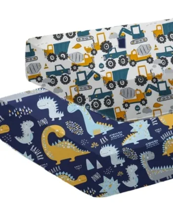 2 Pack Baby Cot Bed Fitted Sheets 120 x 60 Cotton Toddler Bed Sheets | Breathable Bedside Cribs Sheets For Standard Crib and Toddler Mattresses Fully Elasticated Skirt Easy Care（Dinosaur+Car）