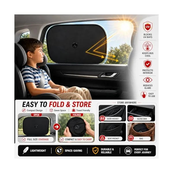 2 Pack Car Window Sun Shade for Baby Kids UV Protection Blocks Sunlight | Sunshade Blocks Heat and Glare, Universal Fit Car SUV Taxi Bus Side Window, Suction Cup, Foldable Travel Cover Blinds