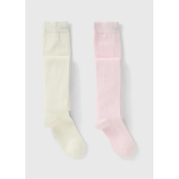 2 Pack Girls Pink & Cream Ribbed Tights (2-11yrs)