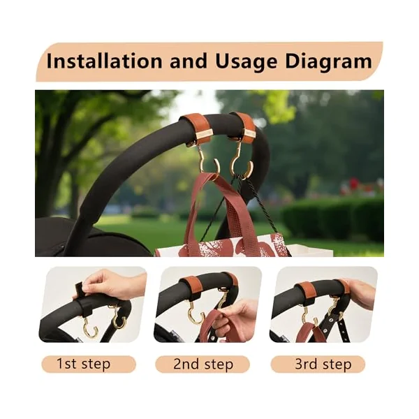2 Pack Stroller Hooks,Strong Synthetic Leather Hook-and-Loop Fastener&High-Quality Metal Hooks,Universal Bag Clip|360° Rotation, 66lb Capacity,Non-Slip-Fits Wheelchair