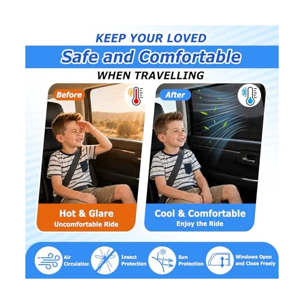 2 Pcs Car Window Shades, Children's Window Shades for Baby, Sun Shade Blocking Mosquito Net, Breathable Privacy Shade,Protection for Kids/Baby/Adults/Pets,Blocks UV Rays,Easy Fit for SUV Saloon