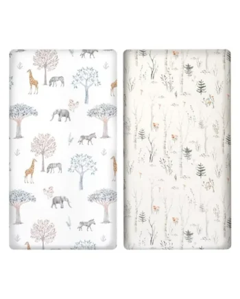 2 PCS Cot Sheets, 100% Microfibre Breathable Cot Fitted Sheets 82 x 41cm, Ultra Soft Baby Crib Sheets Cover for All Bassinet Mattress Shapes, Forest & Animals