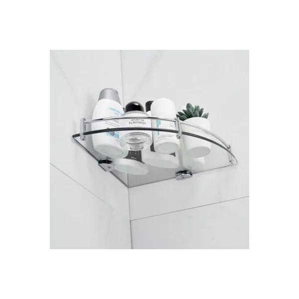 2 Pcs Silver Glass Bathroom Corner Shelf Wall Mounted 6mm Tempered Glass