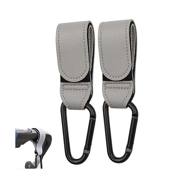 2 Pcs Stroller Hooks Bag Hooks for Hanging Diaper Bags Multipurpose Stroller Clip for Grocery Shopping bags, Leather Pram Straps Baby Stroller