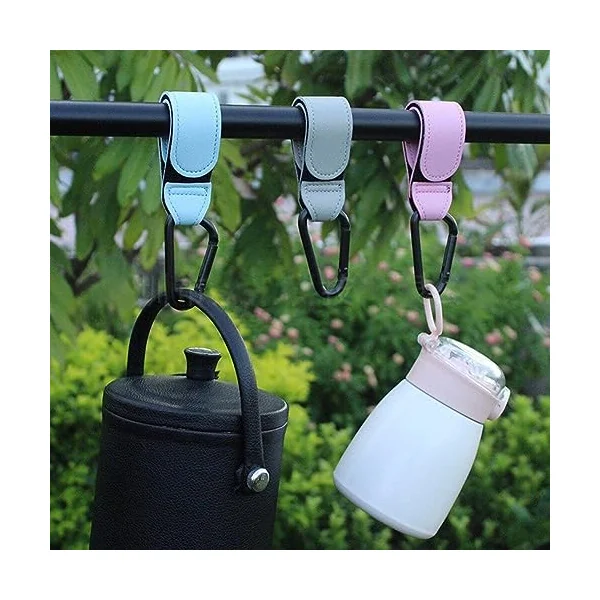 2 Pcs Stroller Hooks Bag Hooks for Hanging Diaper Bags Multipurpose Stroller Clip for Grocery Shopping bags, Leather Pram Straps Baby Stroller