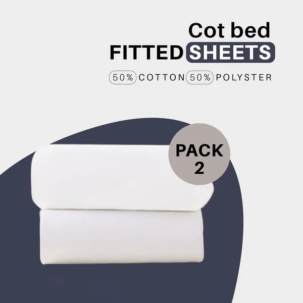 2 x Cot Bed Fitted Sheets 70 x 140 cm - Easy Care Fine Quality Polycotton Travel Cot Sheets - Soft and Breathable (White-70 x 140cm)