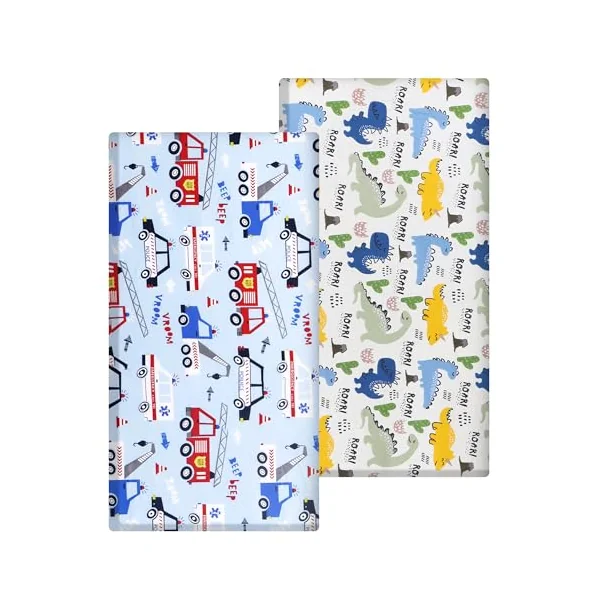 2 x Cot Bed Sheets Cot Sheets 120x60 Fitted Cotton Soft Bed sheets Hypoallergenic Fully Elasticated Skirt Breathable Easy Care(Car+Dinosaur)