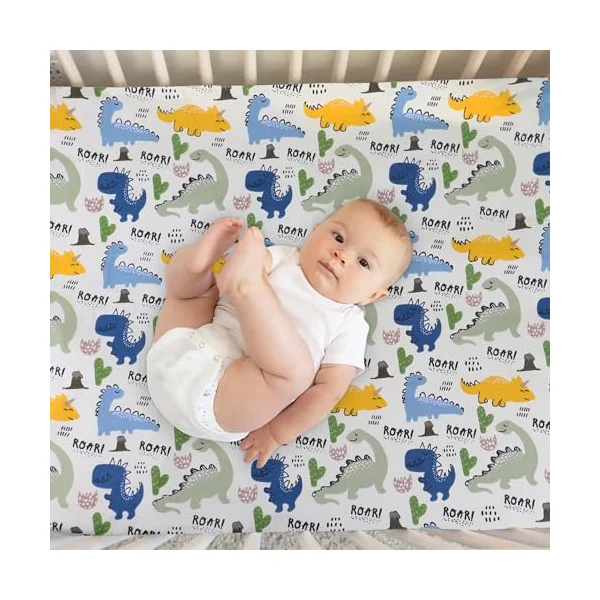 2 x Cot Bed Sheets Cot Sheets 120x60 Fitted Cotton Soft Bed sheets Hypoallergenic Fully Elasticated Skirt Breathable Easy Care(Car+Dinosaur)