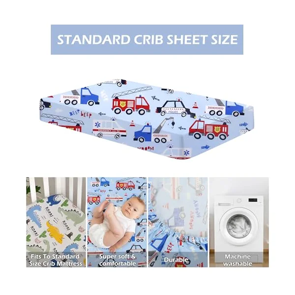 2 x Cot Bed Sheets Cot Sheets 120x60 Fitted Cotton Soft Bed sheets Hypoallergenic Fully Elasticated Skirt Breathable Easy Care(Car+Dinosaur)