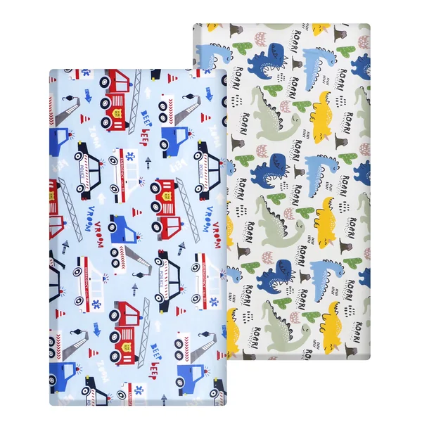 2 x Cot Bed Sheets Cot Sheets 120x60 Fitted Cotton Soft Bed sheets Hypoallergenic Fully Elasticated Skirt Breathable Easy Care(Car+Dinosaur)