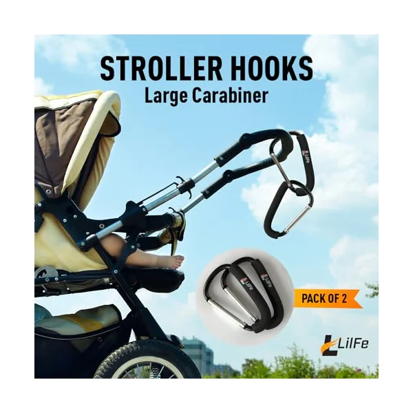 2-Pack Extra-Large 6.7" Stroller Hooks – Heavy-Duty Carabiner Clips for Diaper Bags, Purses & Shopping Bags – Universal Stroller Accessory for Moms & Dads – Black