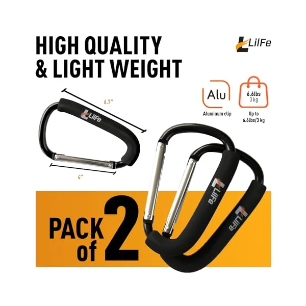 2-Pack Extra-Large 6.7" Stroller Hooks – Heavy-Duty Carabiner Clips for Diaper Bags, Purses & Shopping Bags – Universal Stroller Accessory for Moms & Dads – Black