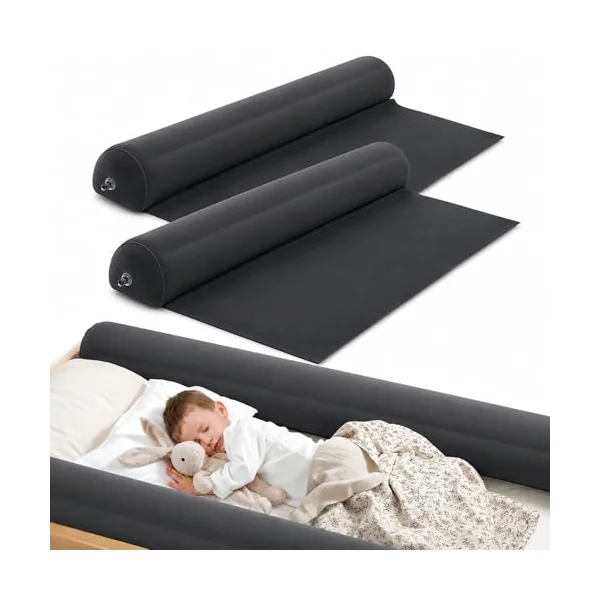 2Pack Inflatable Travel Bed Rails for Toddlers, Non-Slip Soft Flocking Blow Up Bed Rails for Kids | Toddler Bed Guard Rail for Full, Queen, King Size Beds, Portable Bed Bumper for Travel (2xDarkgray)