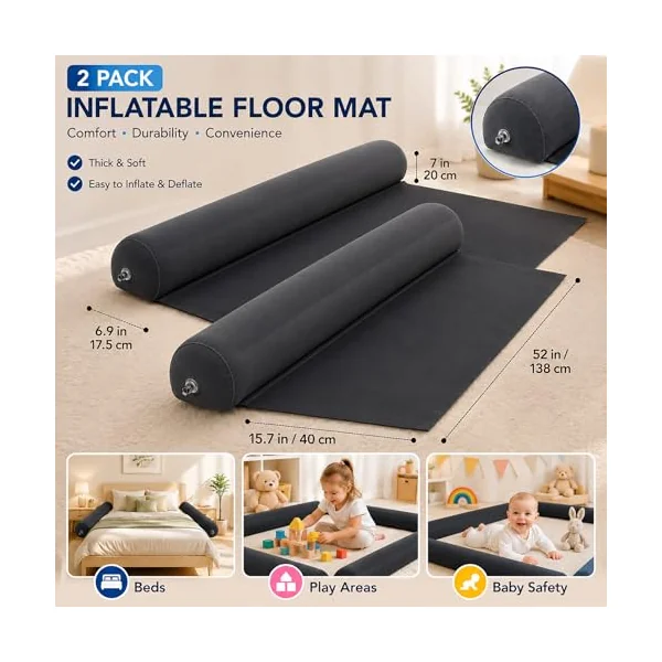 2Pack Inflatable Travel Bed Rails for Toddlers, Non-Slip Soft Flocking Blow Up Bed Rails for Kids | Toddler Bed Guard Rail for Full, Queen, King Size Beds, Portable Bed Bumper for Travel (2xDarkgray)