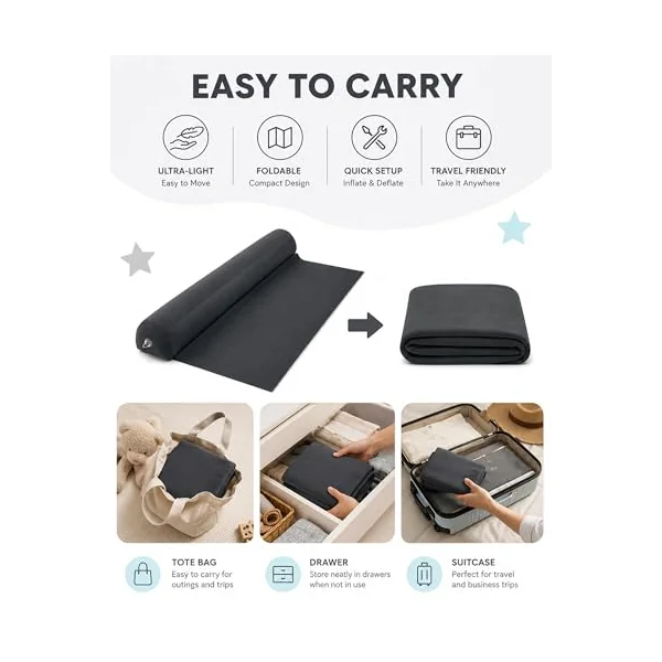2Pack Inflatable Travel Bed Rails for Toddlers, Non-Slip Soft Flocking Blow Up Bed Rails for Kids | Toddler Bed Guard Rail for Full, Queen, King Size Beds, Portable Bed Bumper for Travel (2xDarkgray)