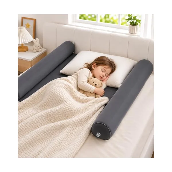 2Pack Inflatable Travel Bed Rails for Toddlers, Non-Slip Soft Flocking Blow Up Bed Rails for Kids | Toddler Bed Guard Rail for Full, Queen, King Size Beds, Portable Bed Bumper for Travel (2xDarkgray)