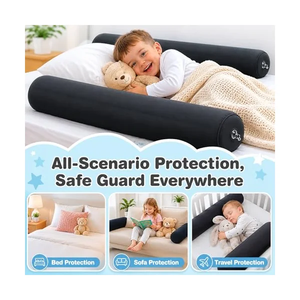 2Pack Inflatable Travel Bed Rails for Toddlers, Non-Slip Soft Flocking Blow Up Bed Rails for Kids | Toddler Bed Guard Rail for Full, Queen, King Size Beds, Portable Bed Bumper for Travel (2xDarkgray)