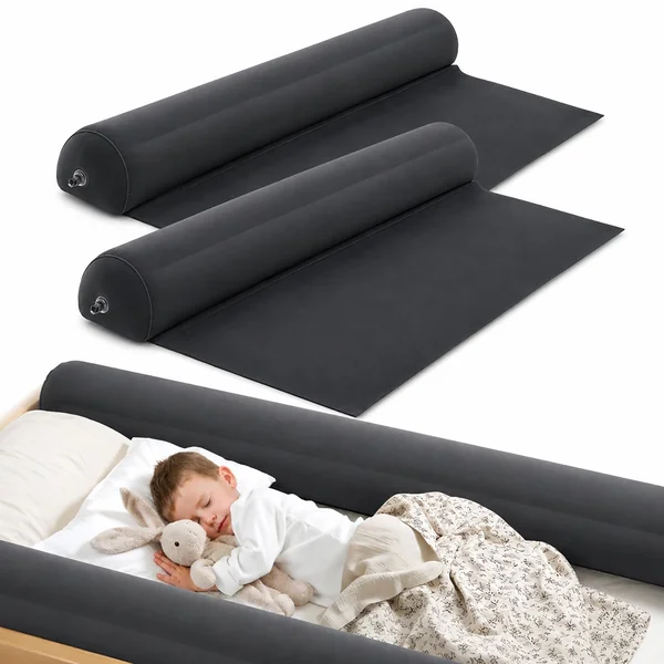 2Pack Inflatable Travel Bed Rails for Toddlers, Non-Slip Soft Flocking Blow Up Bed Rails for Kids | Toddler Bed Guard Rail for Full, Queen, King Size Beds, Portable Bed Bumper for Travel (2xDarkgray)